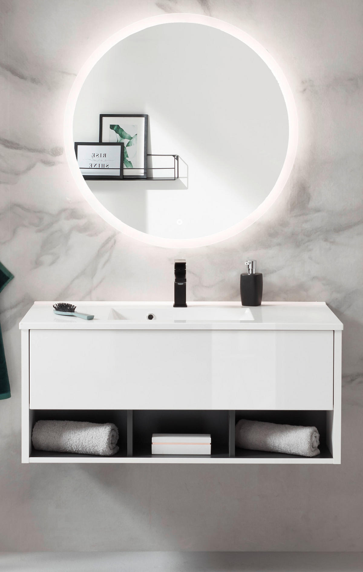 BADMÖBEL-SET weiß Hochglanz, grau, Kombination mit Waschbecken und LED Beleuchtung 100 cm - Weiß Hochglanz/Grau, Glas/Holzwerkstoff (100/190/47cm) - Furn.Design