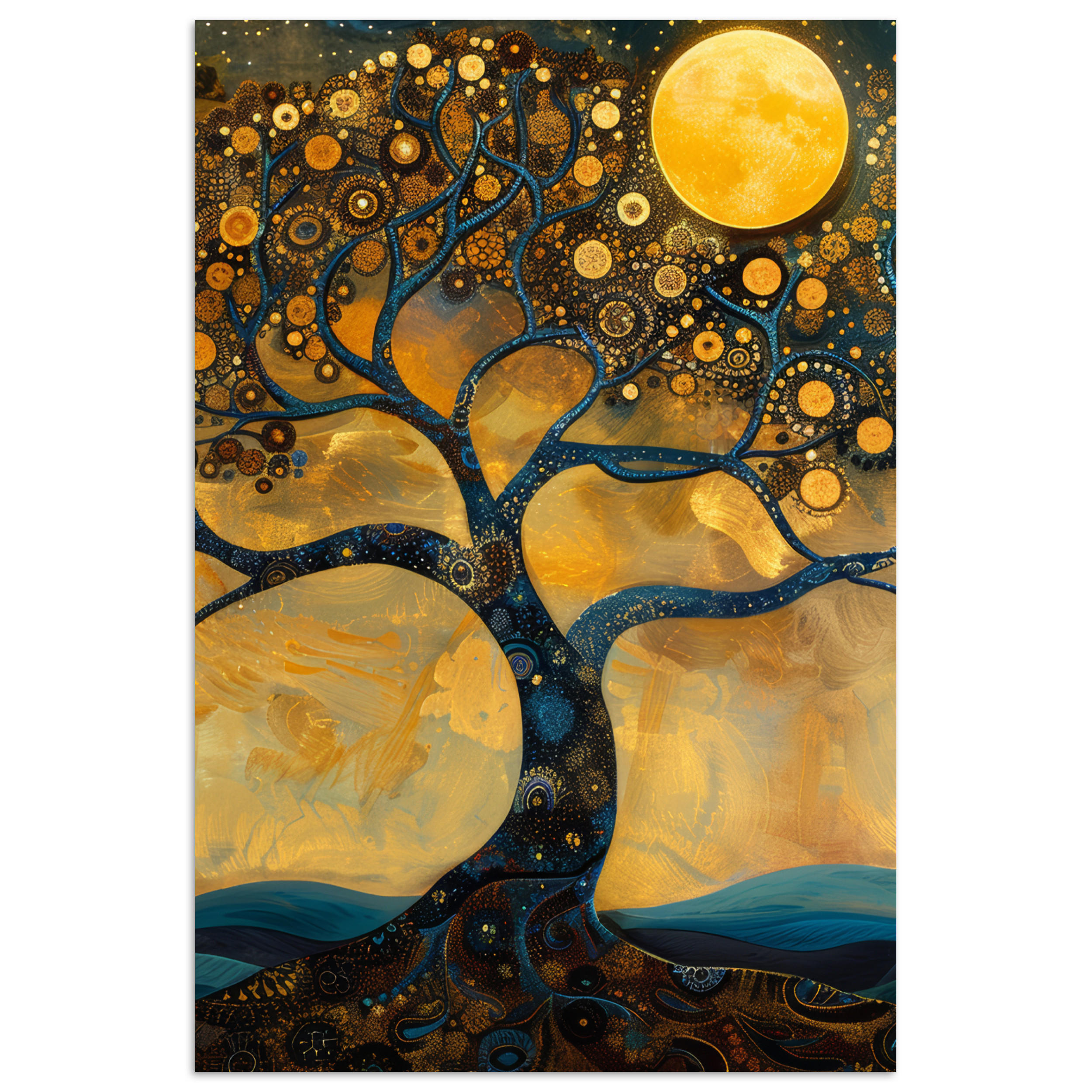 POSTER Baum - Mond - Blumen - Gold - Kunst 40x60 cm - Orange, Papier (40/60/0.1cm) - MuchoWow