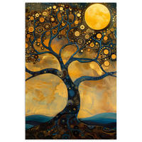 POSTER Baum - Mond - Blumen - Gold - Kunst 40x60 cm - Orange, Papier (40/60/0.1cm) - MuchoWow