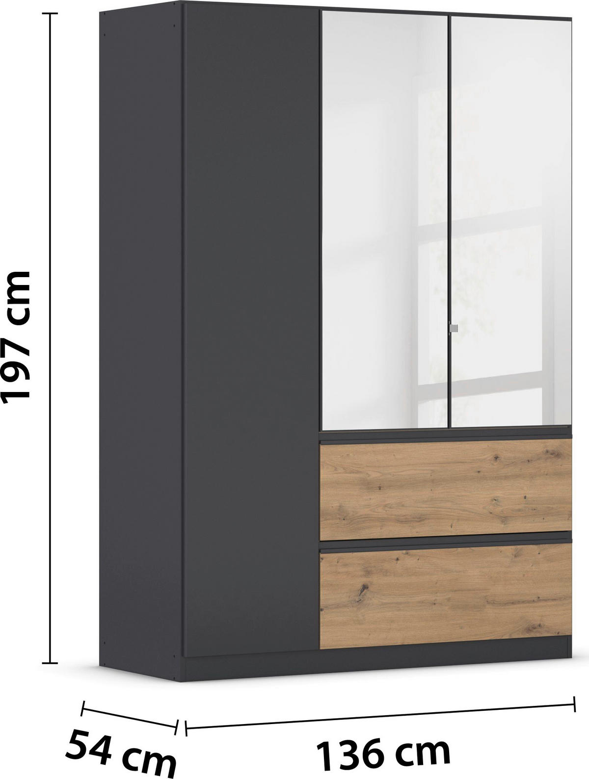 JUGENDZIMMER Joel in Grau Metallic und Artisan Eiche 5 teilig – mit 3trg Kleiderschrank, 90er Bett, Nachttisch, Schreibtisch und Rollcontainer - Grau, Holzwerkstoff (80/200/120cm)