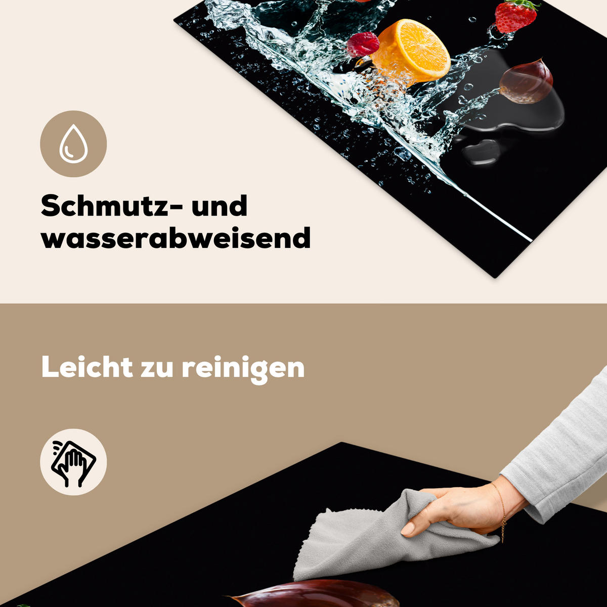 HERDABDECKPLATTE Wasser - Obst - Orange - Erdbeere - Kirsche - Schwarz Induktionsmatte 83x51 cm - Orange, Kunststoff (83/51.5/0.2cm) - MuchoWow