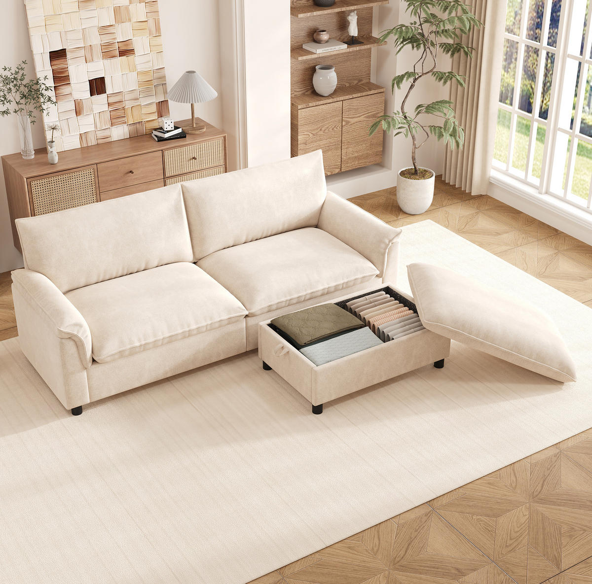 ECKSOFA 216/77/82 cm mit beweglichem Fußhocker, Stauraum und Schlaffunktion, Chenille, Beige - Beige, Textil (216/77cm) - Redom