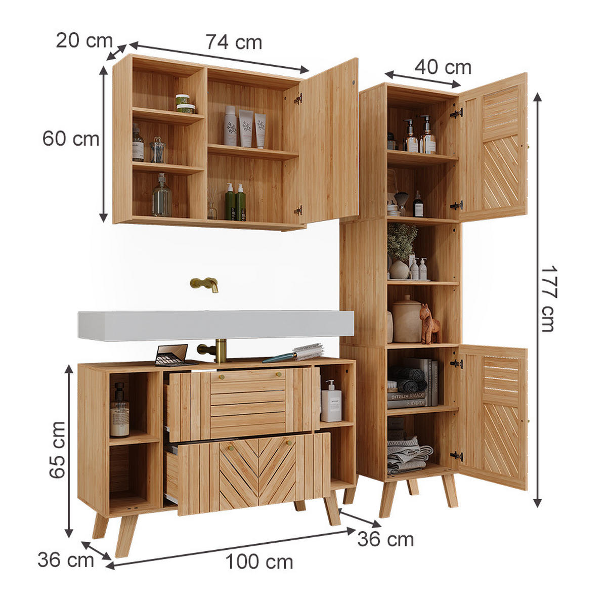 BADMÖBEL-SET Lucie Bambus 3 Teile - Grün, Holzwerkstoff (100/65/36cm) - Vicco