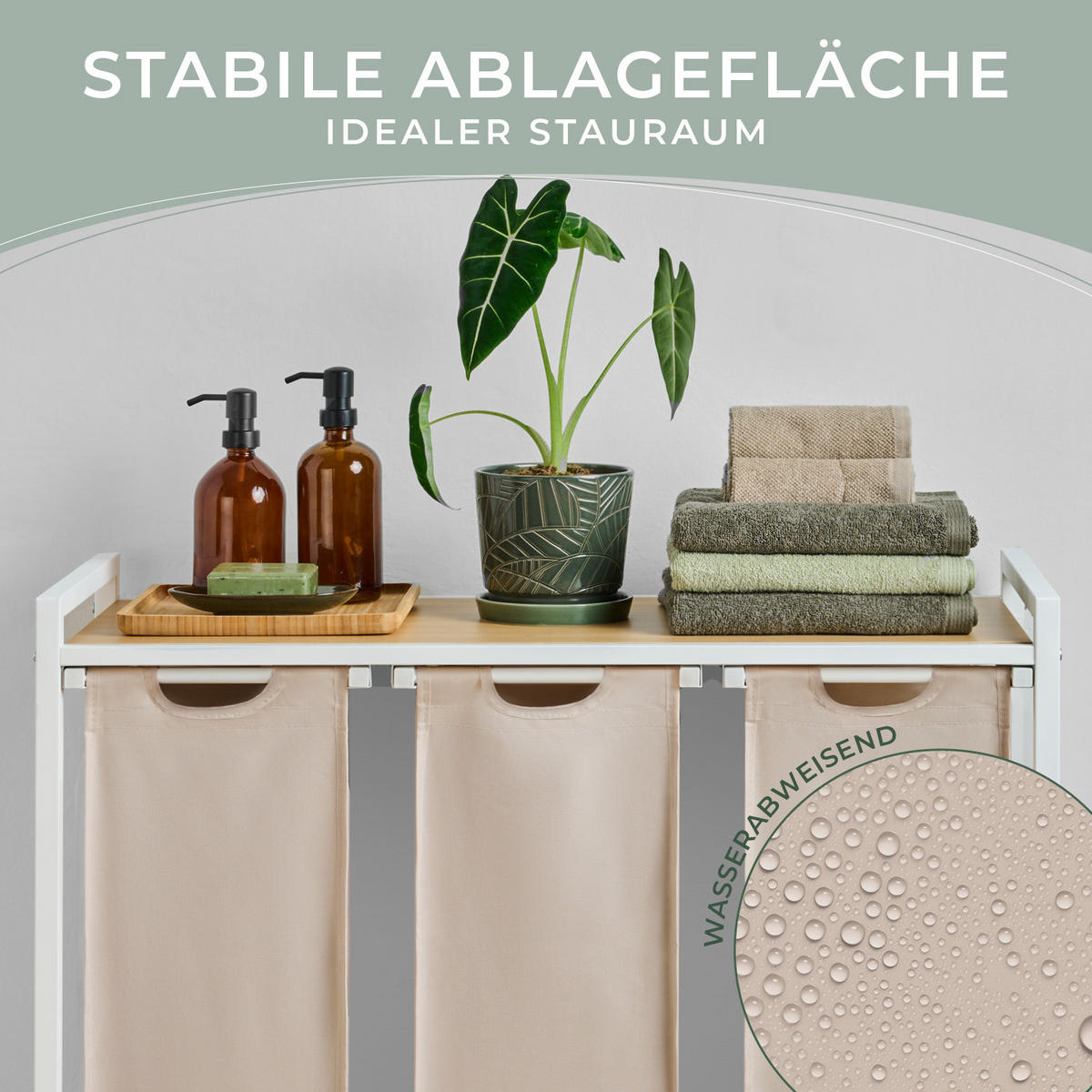 WÄSCHESAMMLER 3 Fächer Creme - Wäschekorb mit Ablage in Bambus-Optik - Wäschetrenner 3 Fächer - Creme, Textil (83.5/73/36cm) - Blumtal