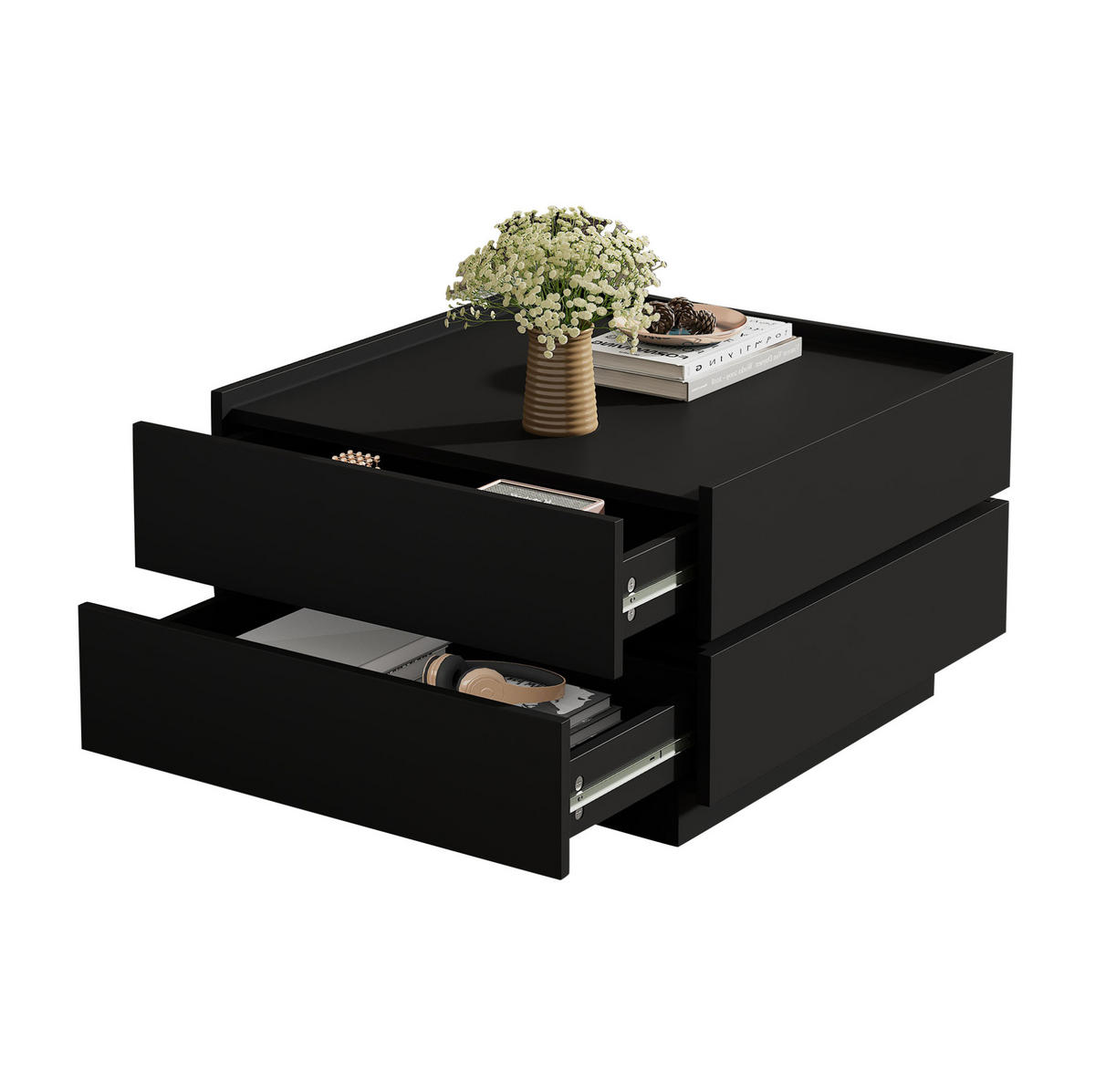 COUCHTISCH aus Spanplatte 60x60x38 cm Schwarz mit 360° drehbarer Tischplatte, 2 Schubladen und umlaufendem Kantenschutz - Schwarz, Holzwerkstoff (60/60/38cm) - Modfu