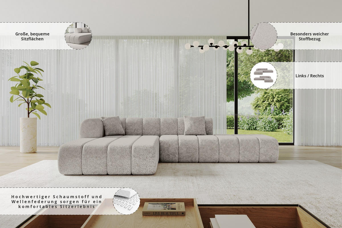 ROHOVÁ SEDAČKA s otomanem, levá BILA-L 289x176x71 Světle šedá Žinylka - černá/světle šedá, kompozitní dřevo/textil (176/289cm) - ALTDECOR