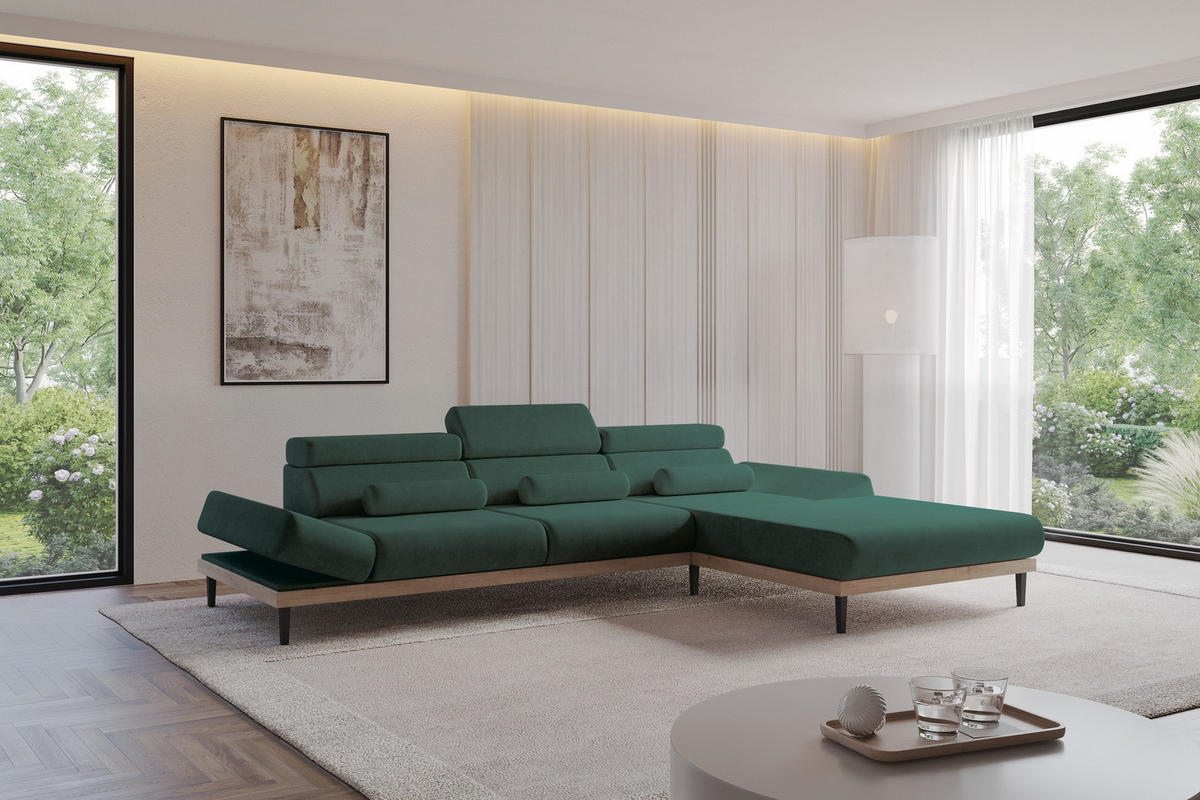 ELEKTRISCHES ECKSOFA Rechts MONA 316x205x85 Grün Velours - Dunkelgrün/Grün, Holzwerkstoff/Textil (316/205cm) - ALTDECOR