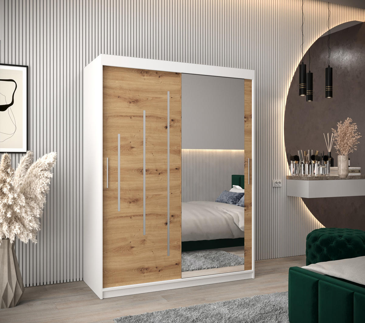 SCHWEBETÜRENSCHRANK 200/150/62 2-türig - Silberfarben/Eiche Artisan, Holz/Kunststoff (150/200/62cm) - Abiks Möbel