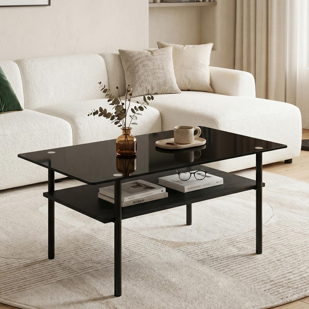 COUCHTISCH DE-37418 rechteckig mit schwarzer Glasplatte Schwarz - Schwarz, Metall (98/58/45cm) - ComfortXL
