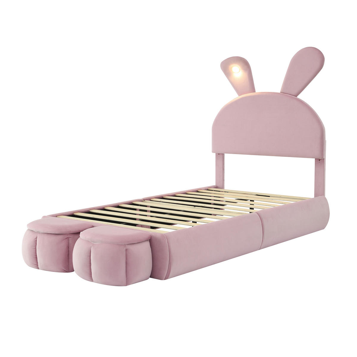 KINDERBETT 90x200cm mit zwei Aufbewahrungshockern, rosafarbener Samtstoff - Pink, Holz (90/200cm) - KOMHTOM
