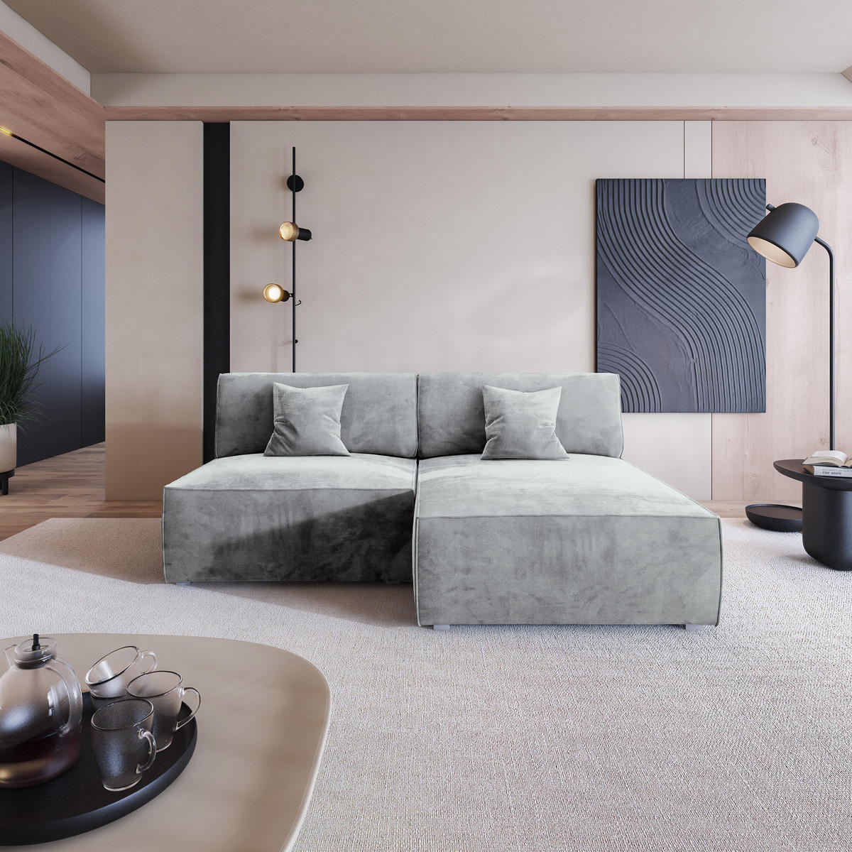 ECKSOFA FIORO M Hellgrau Velours-Stoff mit Schlaffunktion - Hellgrau/Grau, Holz/Kunststoff (204/148cm) - MASSENO