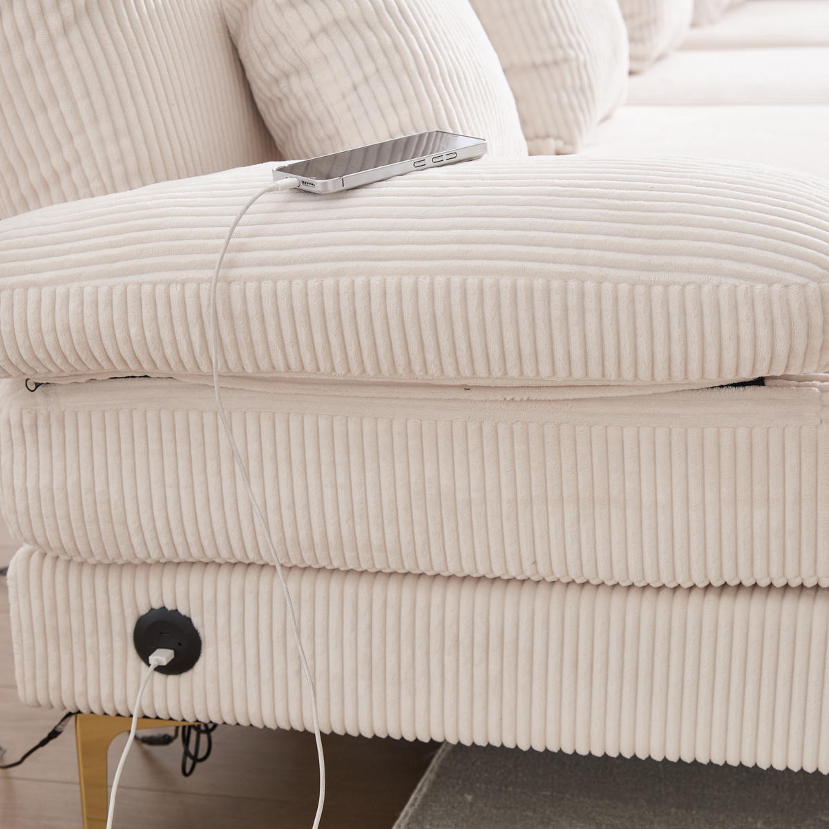 WOHNLANDSCHAFT Samt Beige mit LED und USB-Anschluss - Beige, Holzwerkstoff/Textil (265/88/135cm) - WISHDOR
