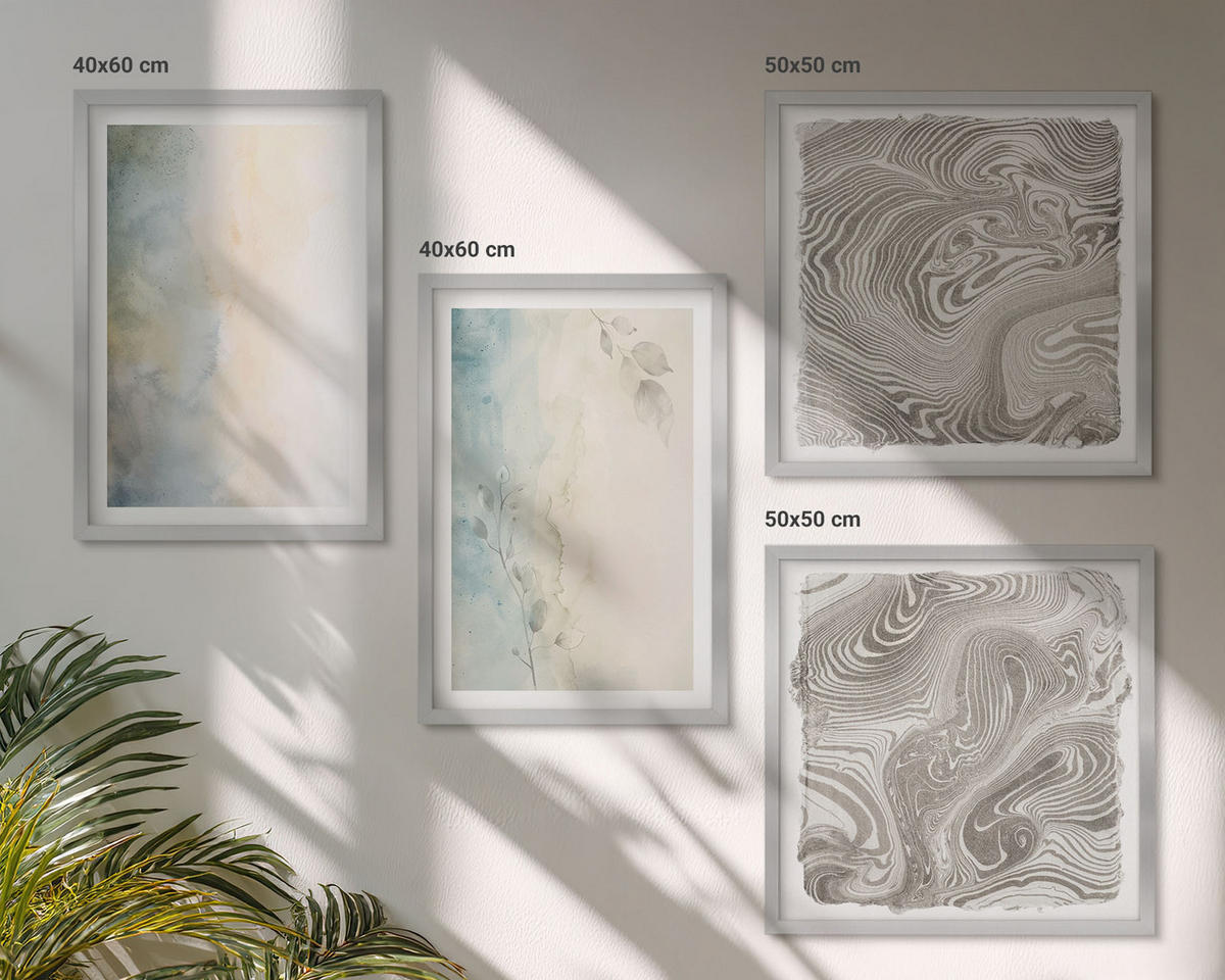 BILDER SET 4er Set - 50x50 cm & 40x60 cm Silberner Rahmen - Zarte Aquarellkartons - Silberfarben, Kunststoff (50/50cm) - TULUP