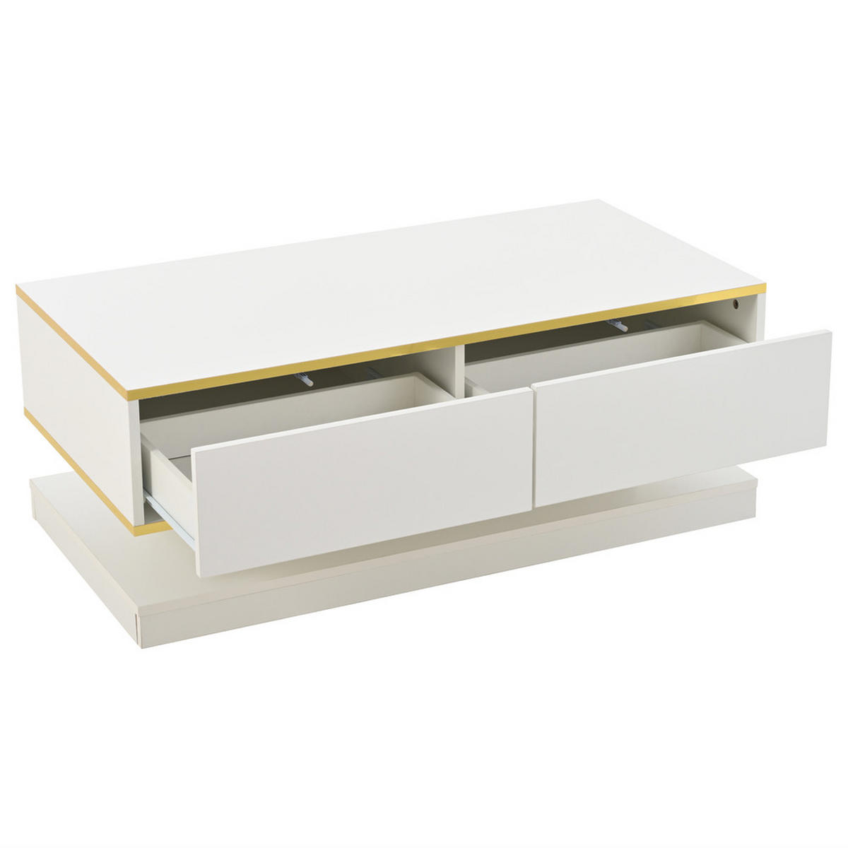 COUCHTISCH 100x50cm Hochglanz 2 Schubladen Warmweiß Gold Rand Einzigartig - Weiß, Holz (112.5/59.18/14.2cm) - FLIEKS