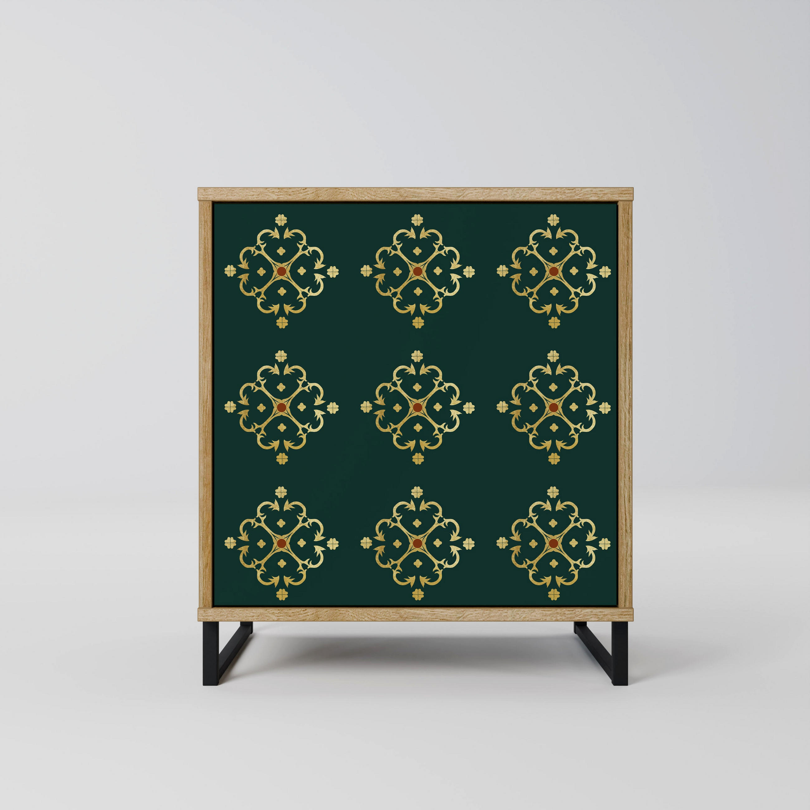 SIDEBOARD ROYAL MEDALLION, Eichefarben, 57,5x42x67,5 cm, Schwarze Metall-Rahmenfüße - Eichefarben/Multicolor, Holzwerkstoff/Metall (57.5/67.5/42cm) - SpaceRebels