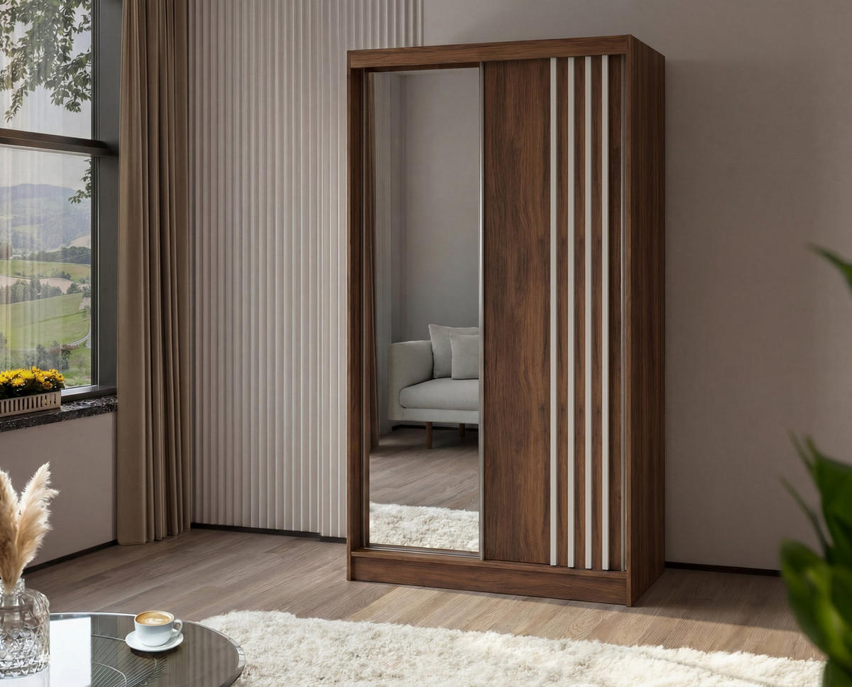 SCHWEBETÜRENSCHRANK NELVIA 120/216/61 cm Modern Kleiderschrank 2-türig mit Spiegel Nussbaumfarben - Nussbaumfarben, Holzwerkstoff (120/216/61cm) - MASSENO