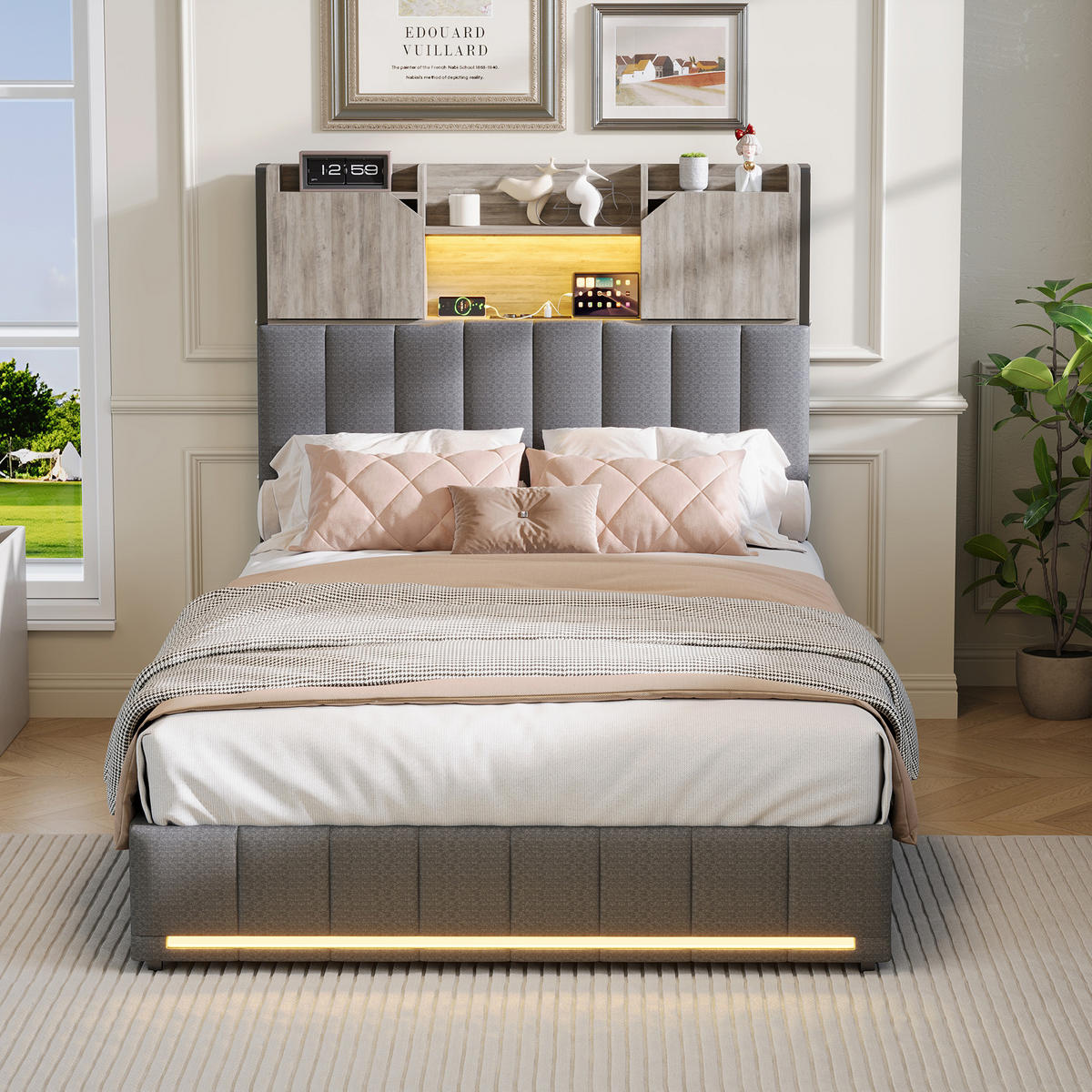 POLSTERBETT 90x200 cm mit LED und USB, Einzelbett mit Lattenrost und Kopfteil, 2 Schubladen, Bett 90x200, Leinenstoff, Grau - Grau, Holzwerkstoff/Textil (90/200cm) - GENKI LIVING