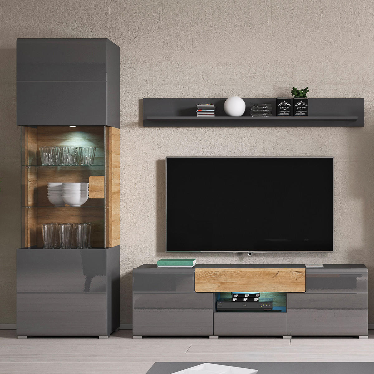 VITRINE Jules Grau und Holz - Grau, Holzwerkstoff (61/204/39cm) - Petits-meubles