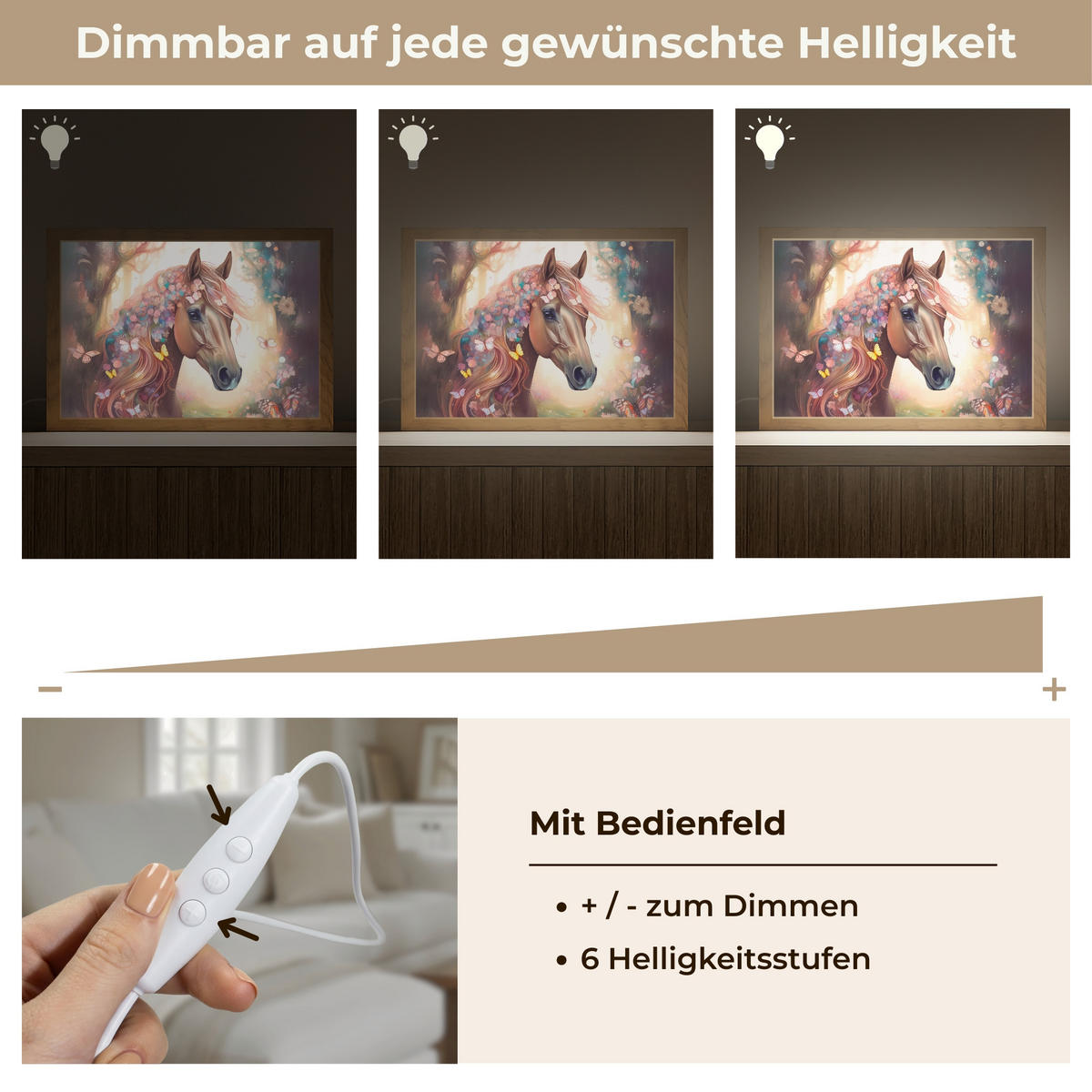 NÁSTĚNNÁ LAMPA Kůň - Příroda - Květiny - Motýli - Les 30x20 cm - tmavě hnědá, kompozitní dřevo (30/20/8cm) - OnlyWow