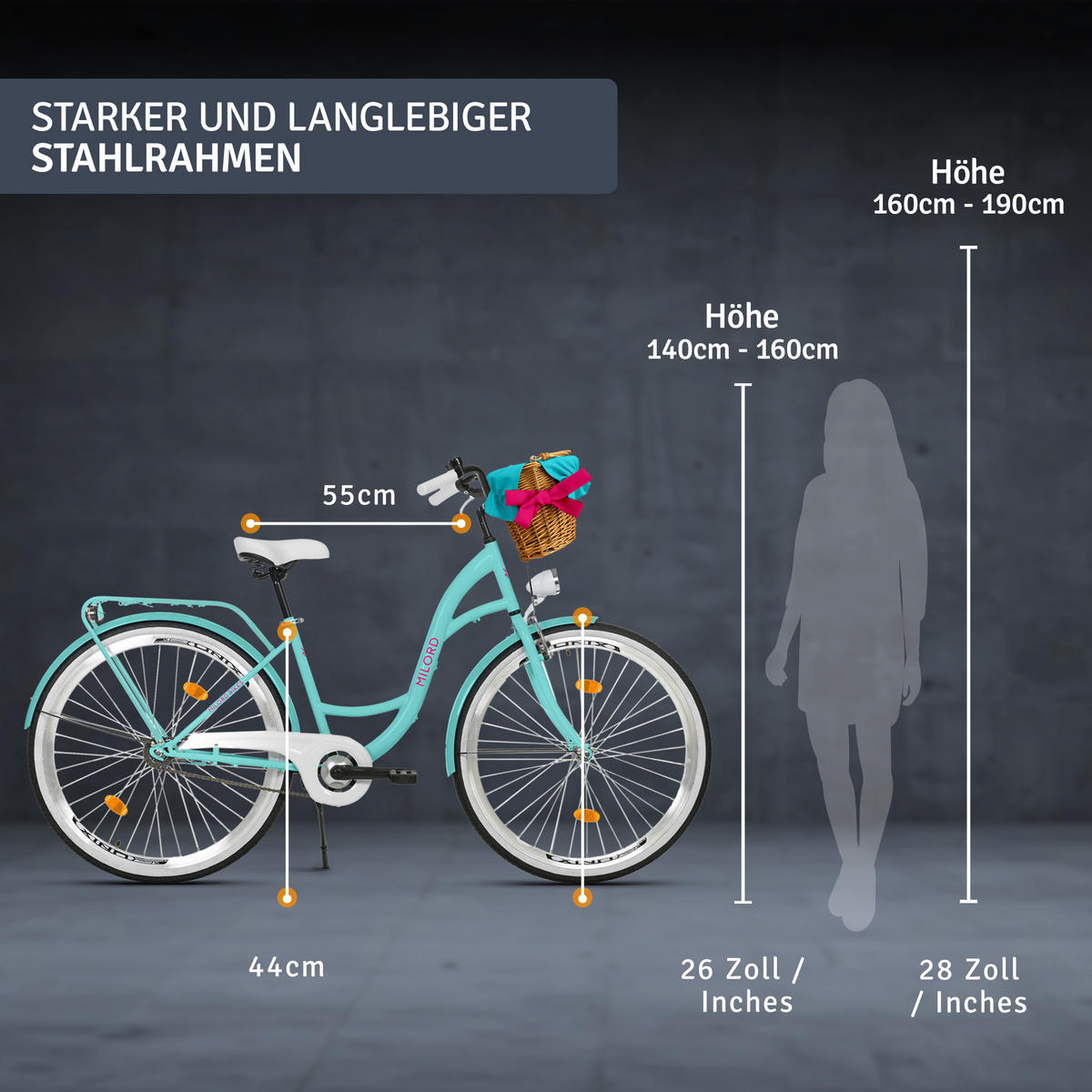 CITY-FAHRRAD Milord mit Weidenkorb, 28 Zoll, Blau, 1-Gang - Blau, Metall (46cm) - Milordbikes