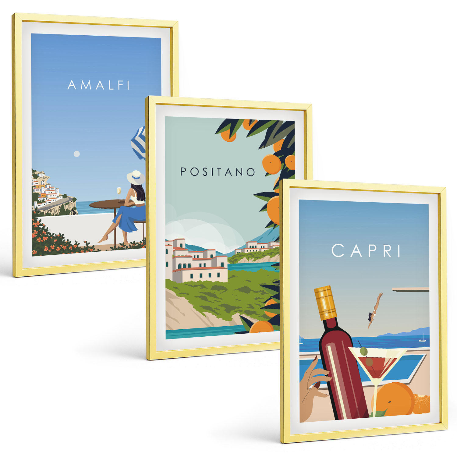 BILDER SET 3er Set - 40x60 cm Goldrahmen - Amalfi, Positano und Capri - Goldfarben, Kunststoff (40/60cm) - TULUP