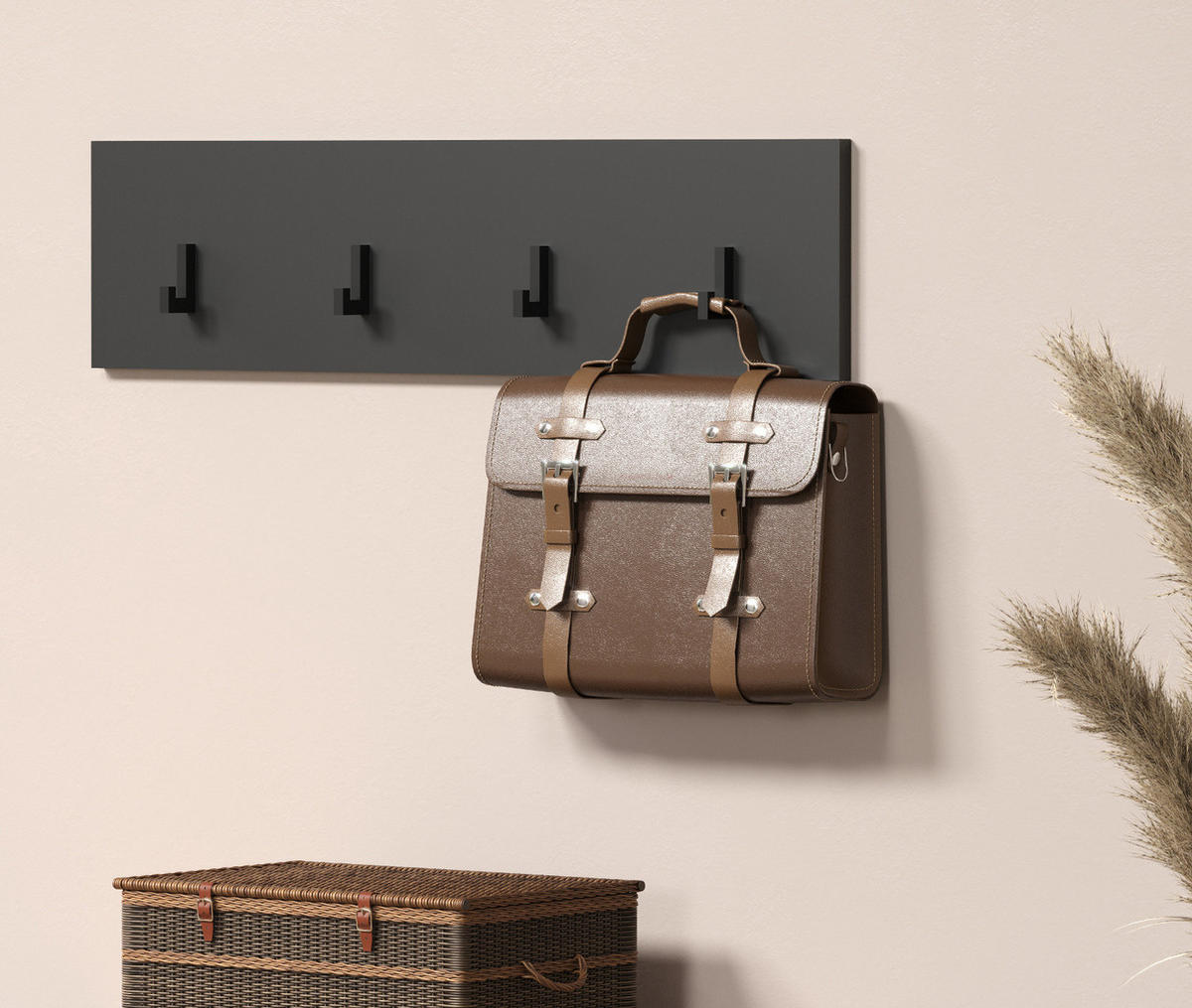 GARDEROBENLEISTE grau 80 x 20 cm, Wandgarderobe mit 4 Haken - Anthrazit/Grau, Holzwerkstoff (6/20/80cm) - Top.Furn