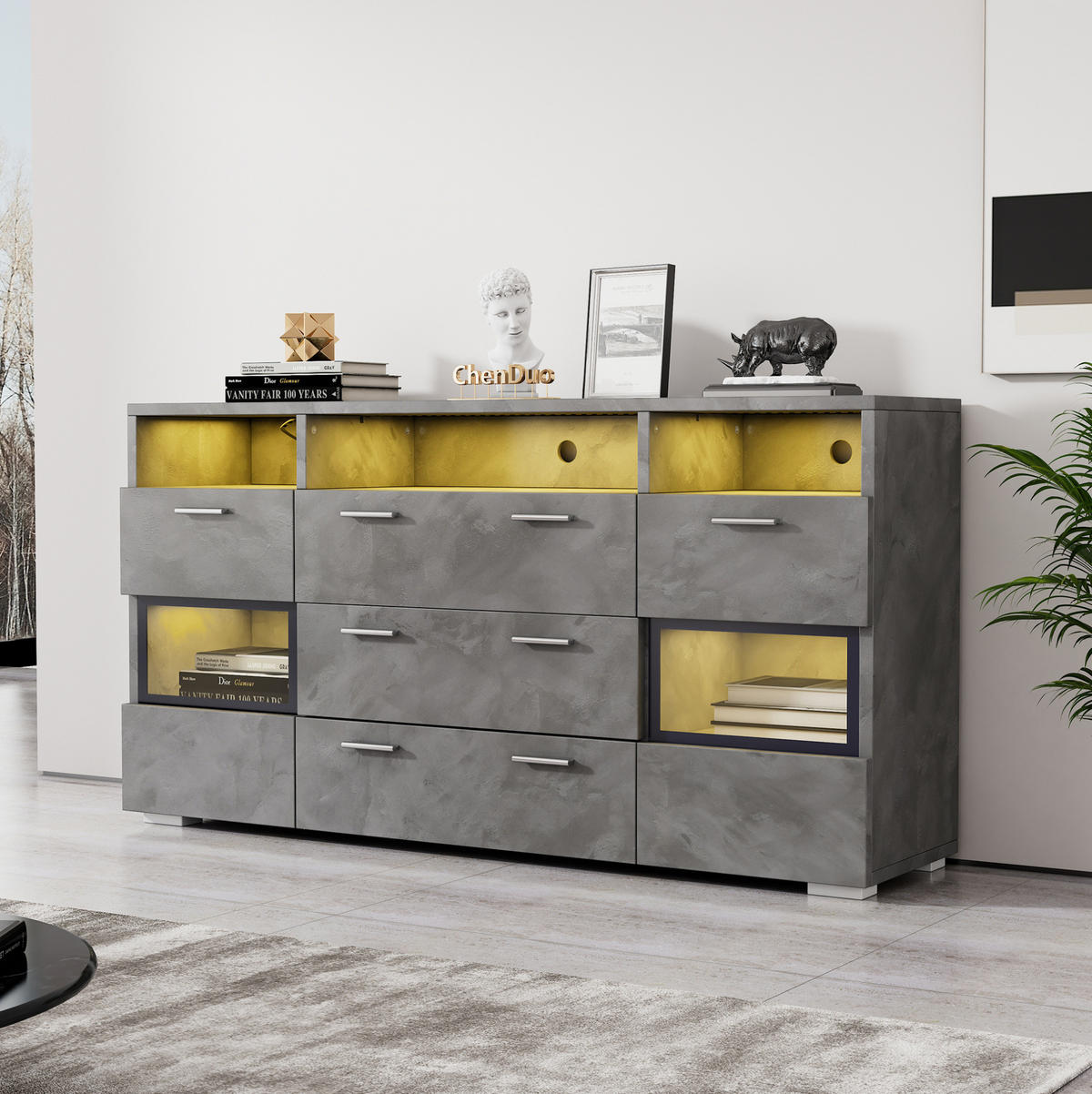 SIDEBOARD in Grau mit LED und transparenten Acryltüren, 2 Türen und 3 Schubladen, 140/33,5/72,5 cm，Grau - Grau, Holzwerkstoff (140/72.5/33.5cm) - Redom