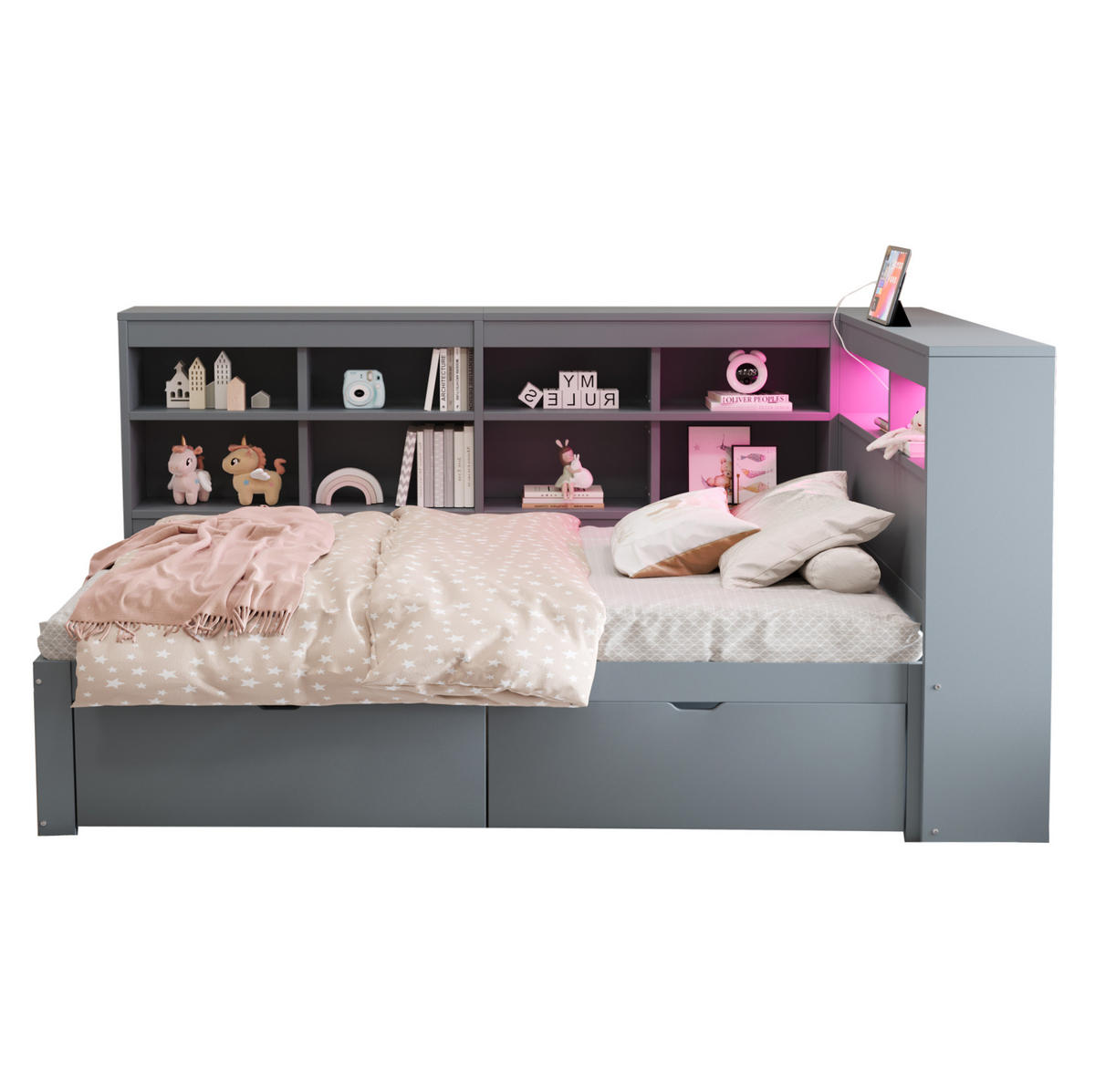 SCHLAFSOFA 90/200 cm mit USB-Steckdose, LED-Beleuchtung und Stauraum aus, Grau - Grau, Holzwerkstoff (116/90.5/222.3cm) - Redom