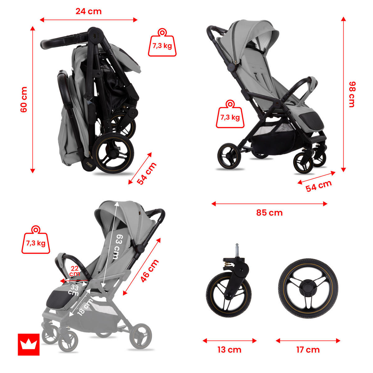 BUGGY Giau, Klein und Leicht, Teleskopische Führung, Kompakt Faltbar, Wickeltasche, Reisetasche - Schwarz/Grau, Textil/Metall (58/98cm) - BabyLux