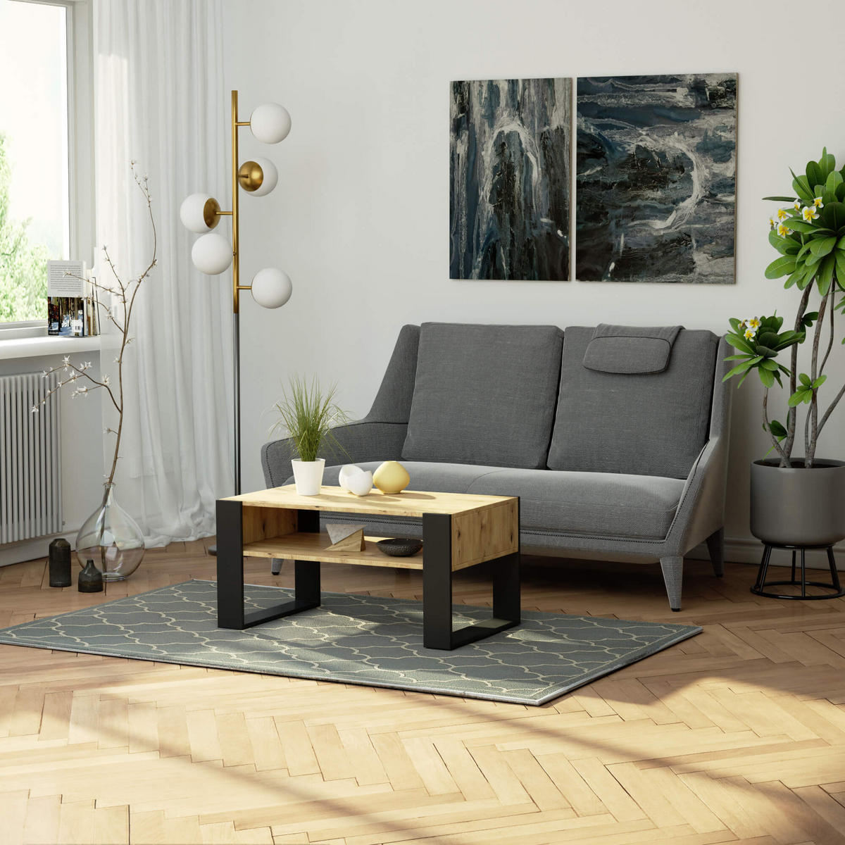 COUCHTISCH Eiche Artisan, Schwarz 92 x 45 x 53 cm - Schwarz/Eiche Artisan, Holzwerkstoff (53/92/45cm) - Akord