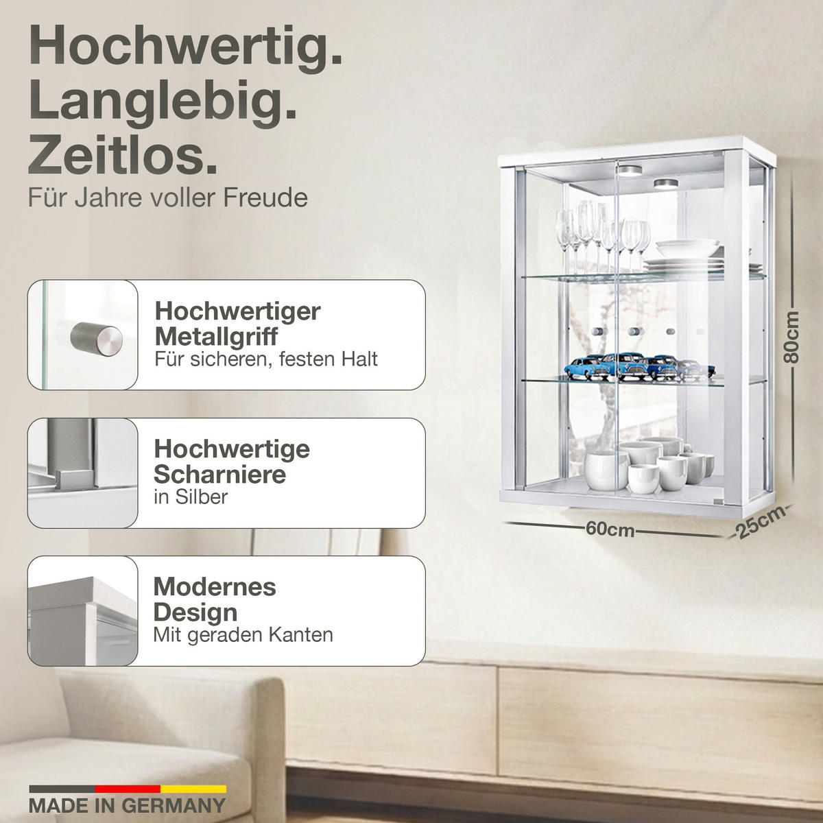 HÄNGEVITRINE 25/60/80 cm mit Spiegel, LED & 2 höhenverstellbaren Glasböden - Transparent/Silberfarben, Glas/Holzwerkstoff (60/80/25cm) - K-Möbel