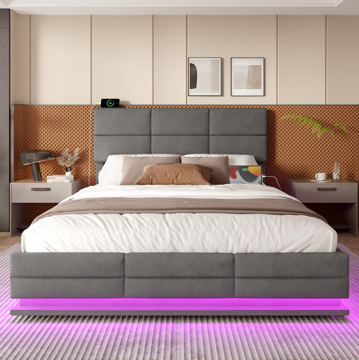 POLSTERBETT 140/200 cm aus Samt mit LED-Beleuchtung und Stauraum Dunkelgrau - Dunkelgrau, Textil (140/200cm) - Modenvie