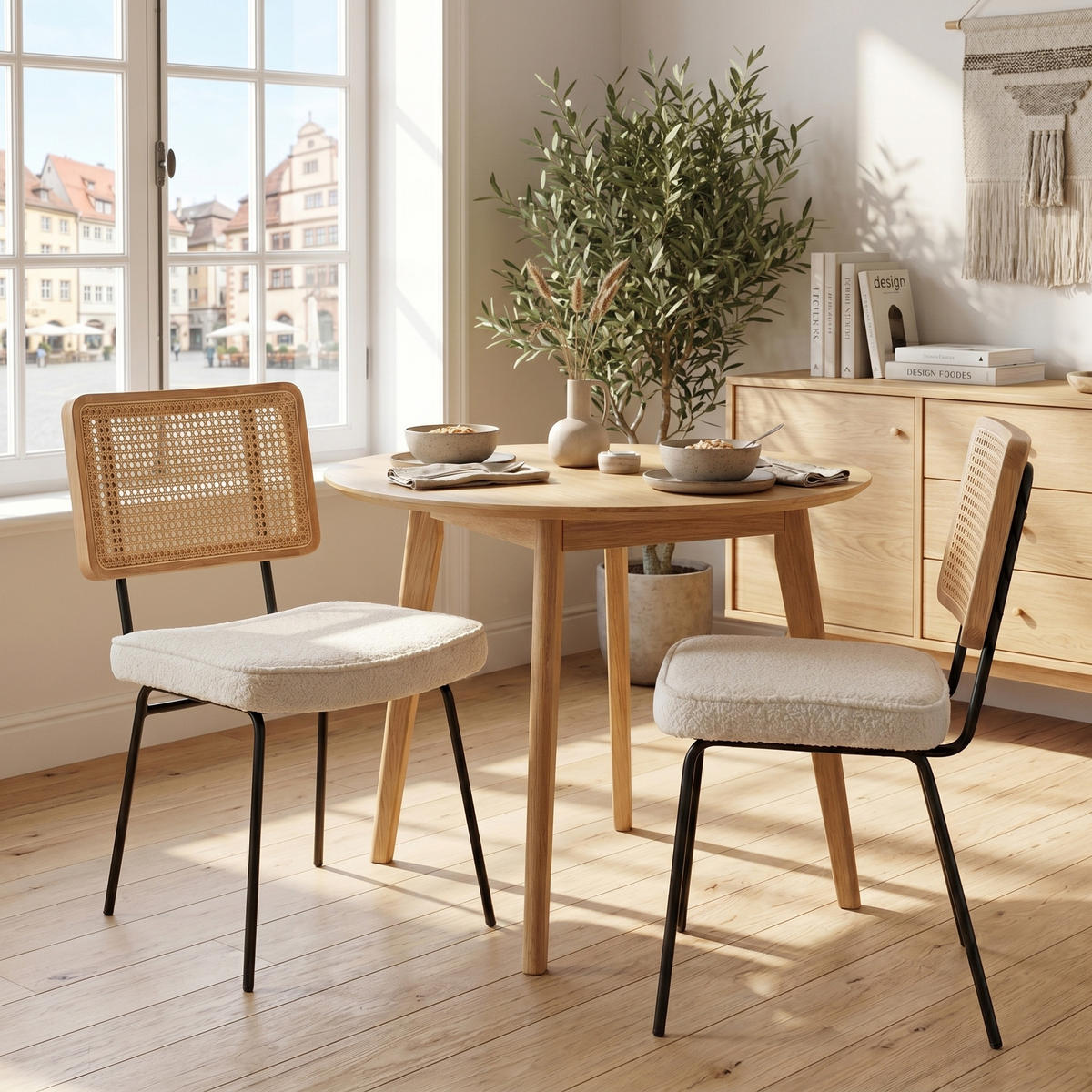 ESSZIMMERSTUHL 2er-Set Vintage PU-Leder Rattan-Optik Holz & Metallfüße - Creme, Textil (47/82/58cm) - Urban Meuble