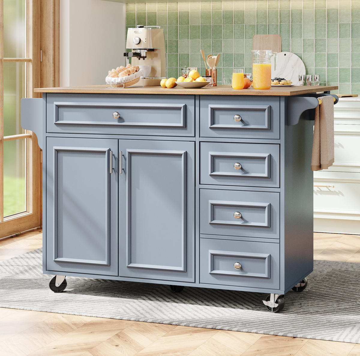 KUHINJSKI otok 110/45-75/92 cm baby blue, MDF, sklopivi i višenamjenski - plava, drvni materijal (110/92/75cm) - BEAOK