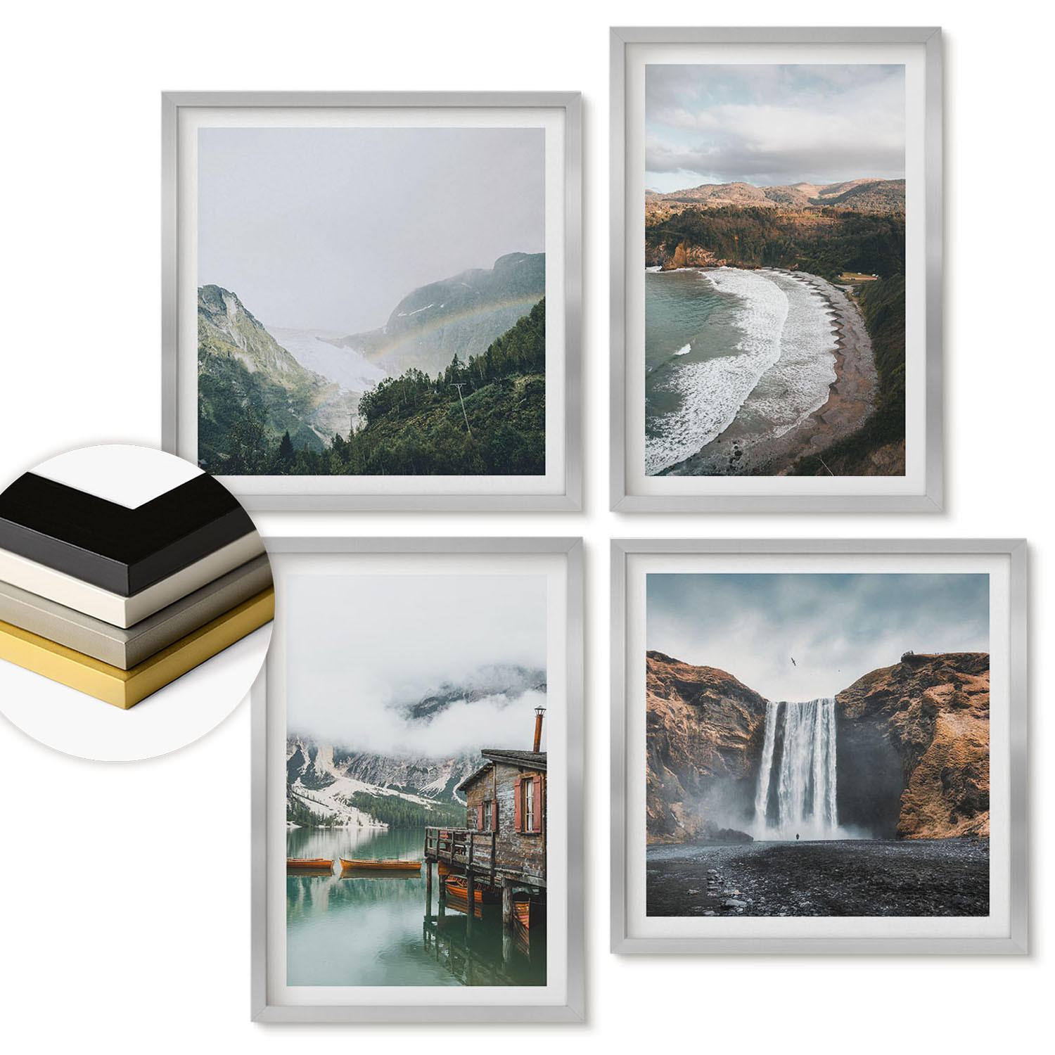 WANDBILDER 4er Set - 50x50 cm & 40x60 cm Silberner Rahmen - Bergstrände Wolken Wasser - Silberfarben, Kunststoff (50/50cm) - ArtPrintCave