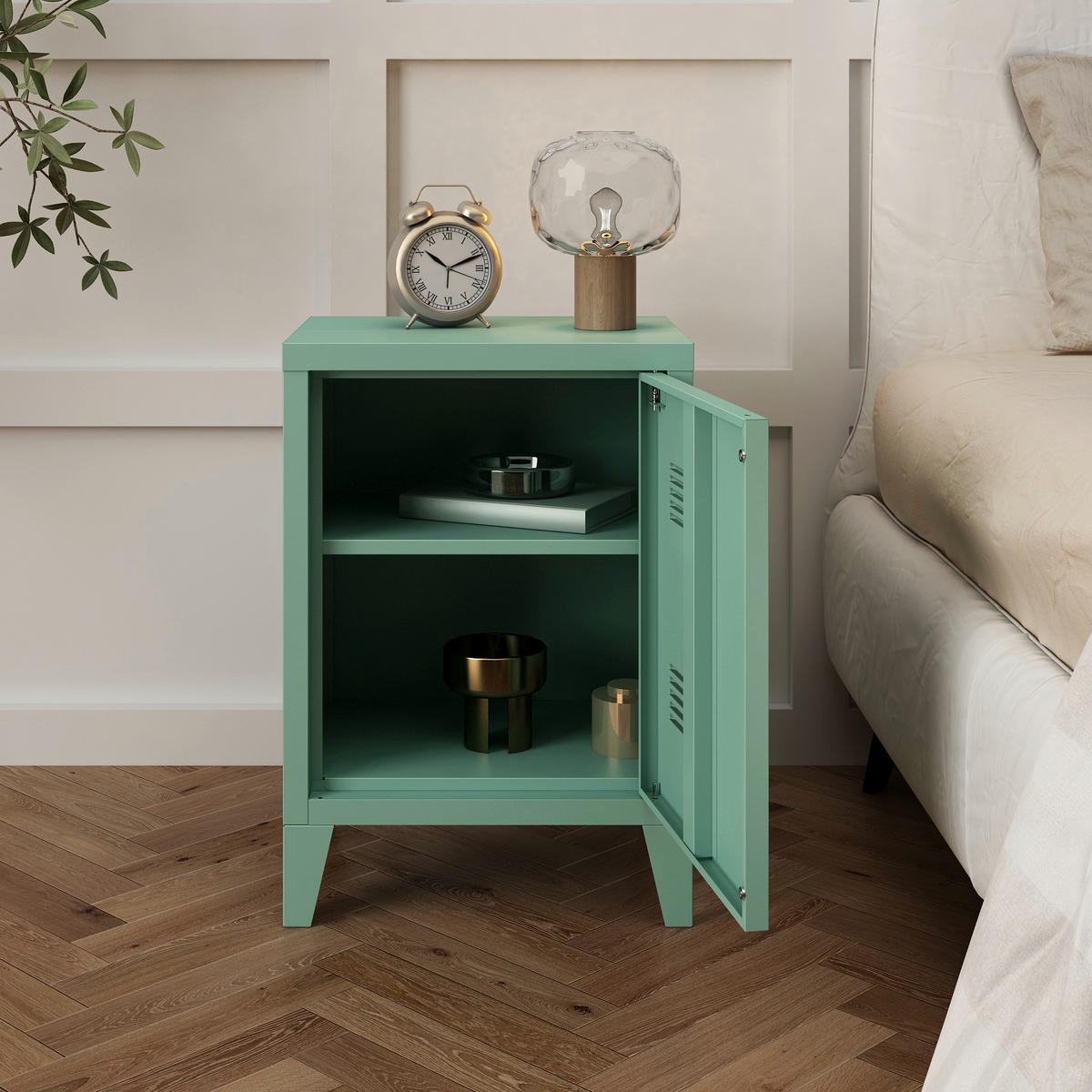 NOČNÍ SKŘÍŇKA Inari - pastelově zelená, kov (40/57/30cm) - [en.casa]
