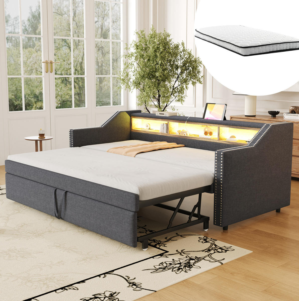 BETT aus Leinen 90/180x190 cm Dunkelgrau mit Ausziehbett, LED, USB und 3 Ablagefächern - Dunkelgrau, Textil (90/190cm) - Modfu
