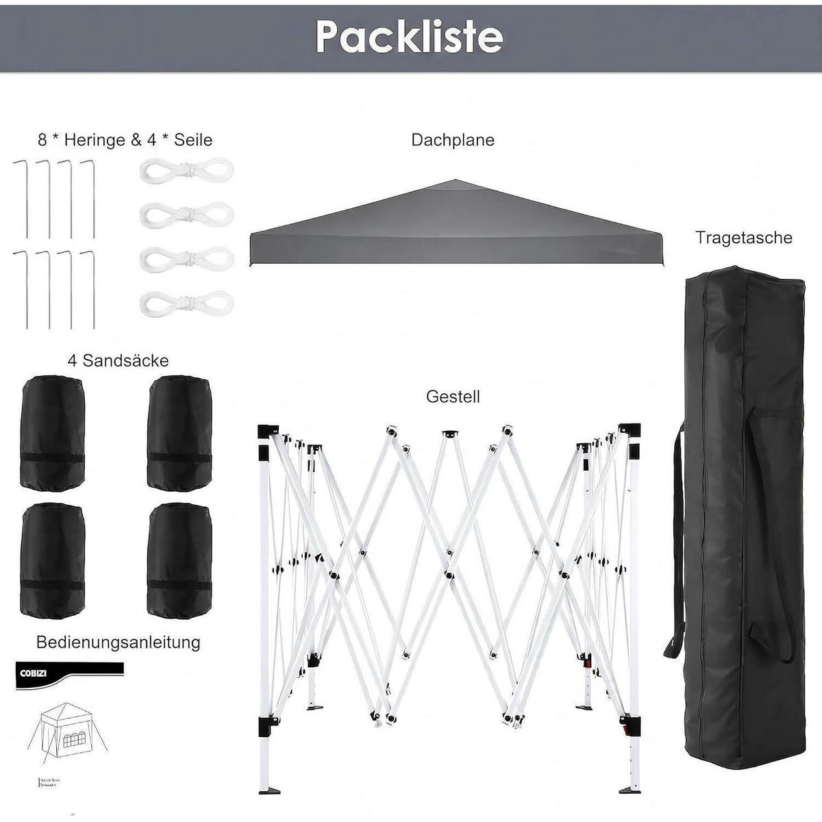 FALTPAVILLON 3x3m Grau Wasserdicht Stabil UV-Schutz - Grau, Textil (300/260/300cm)