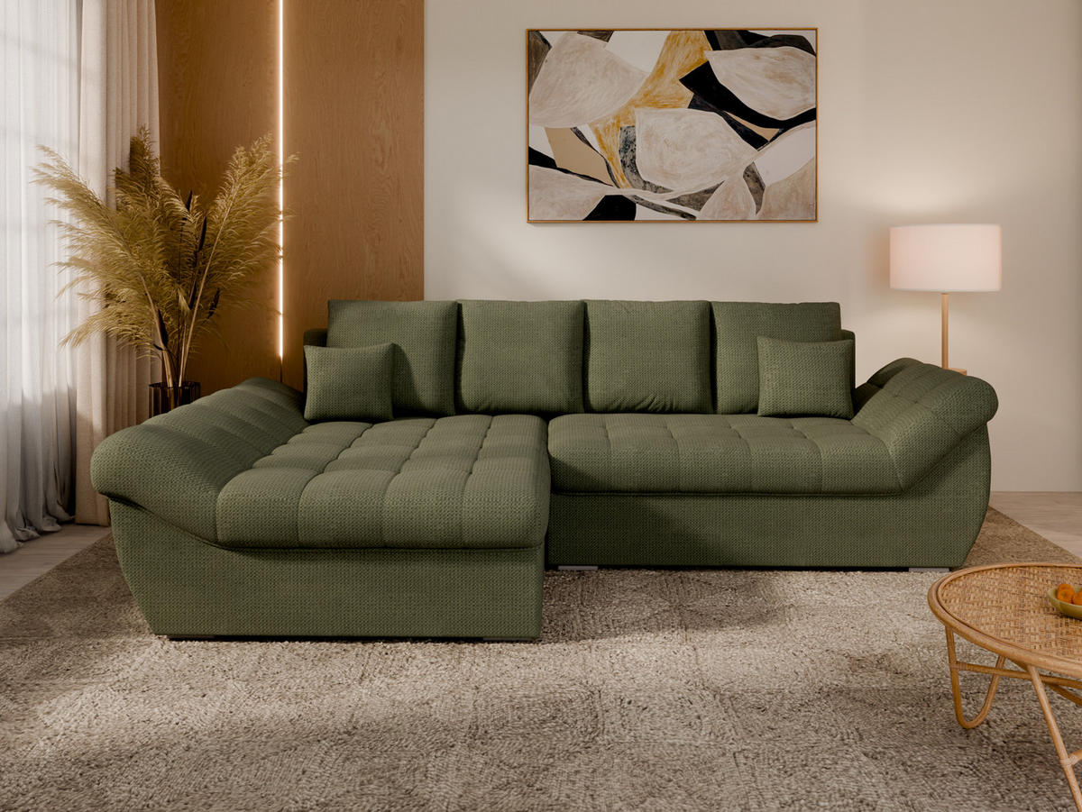 ECKSOFA ZAYA mit Schlaffunktion L-Form, Sofa mit Bettkasten, Wohnzimmersofa, Couch, Soffa, Bettsofa, LINKS-Grün - Grün, Holz (279/175cm) - Homesy