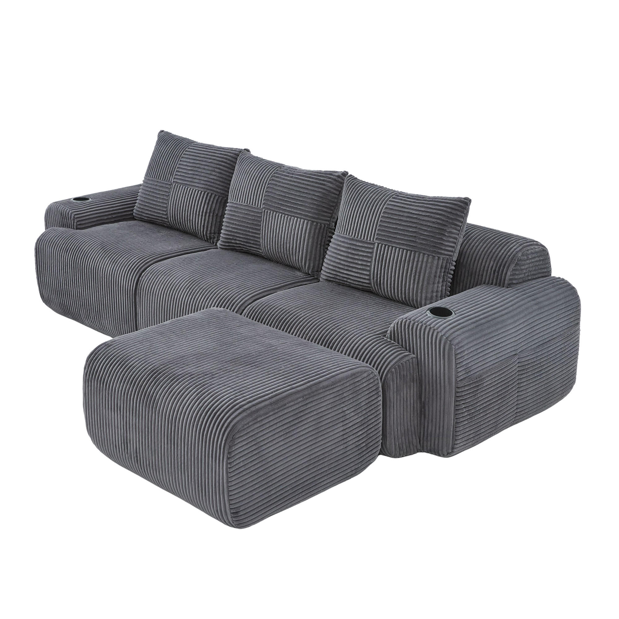 MODULARES Cordsofa 3-Sitzer mit Hocker Getränkehalter und Tasche 268/174/80 cm Dunkelgrau - Dunkelgrau, Textil (174/268cm) - Redom