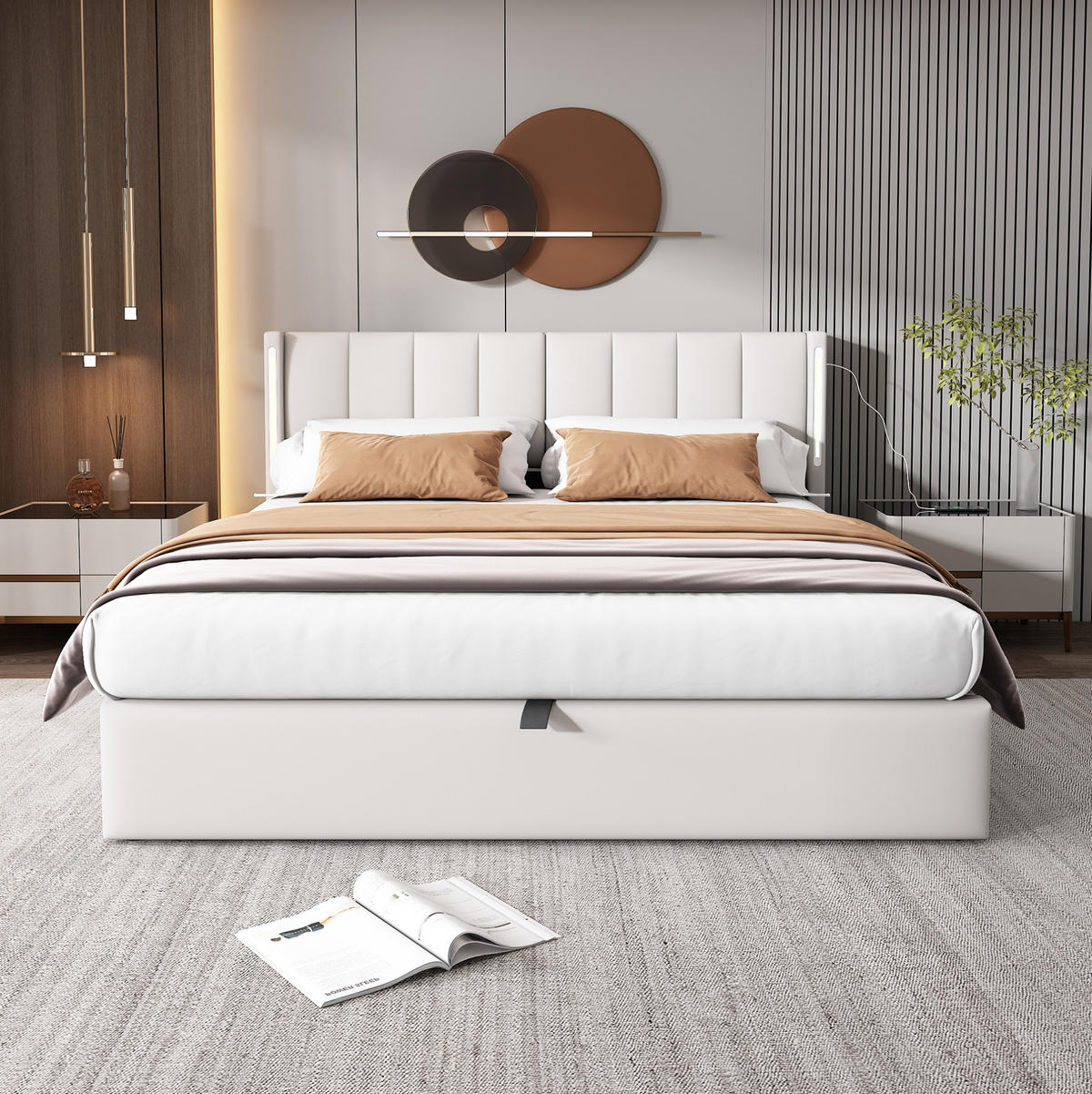 BETT mit Stauraum und LED 160x200 cm PU Weiß - Weiß, Metall (160/200cm) - Meubliv