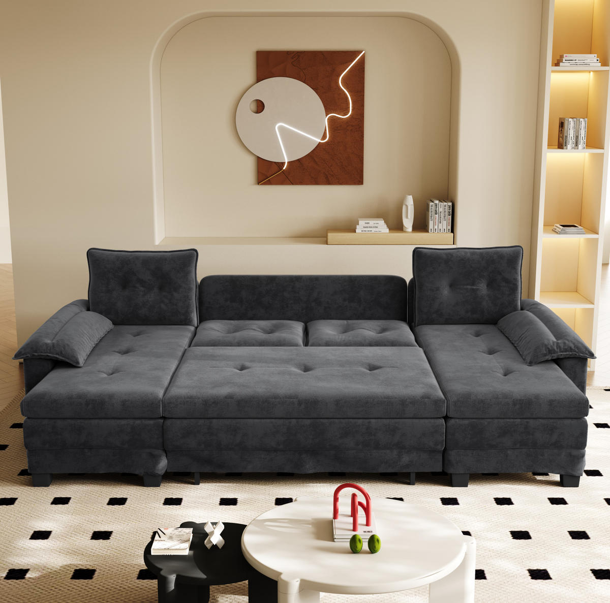 SCHLAFSOFA aus Chenille 278x127x87 cm Grau mit USB-Anschluss, abnehmbaren Armlehnen und Ausziehfunktion - Grau, Textil (278/87/127cm) - Modfu