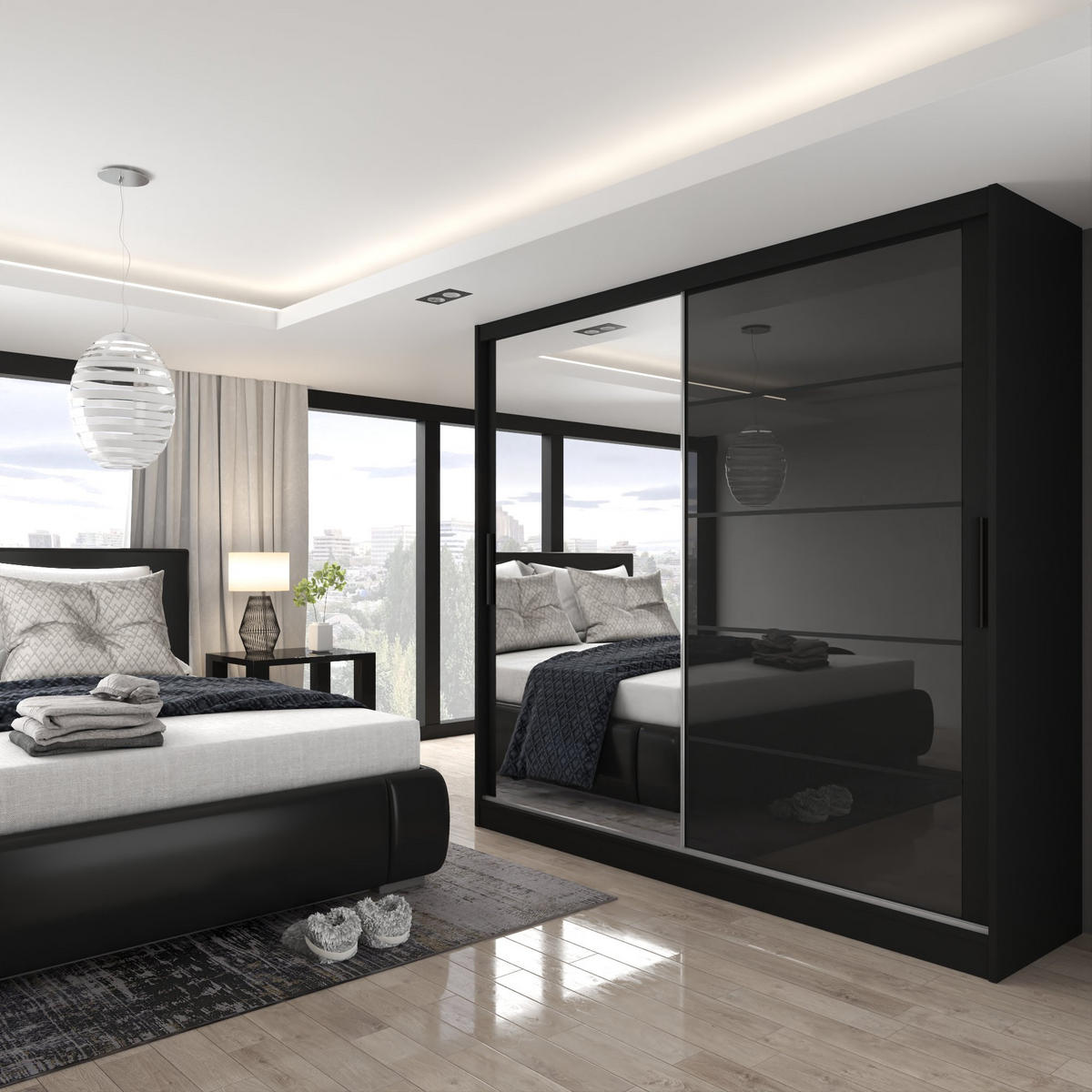SCHWEBETÜRENSCHRANK Verona MGB, Schwarz Hochglanz, 200 cm, mit Spiegel - Schwarz, Holz (200/216/60cm) - B BELINI GROUP