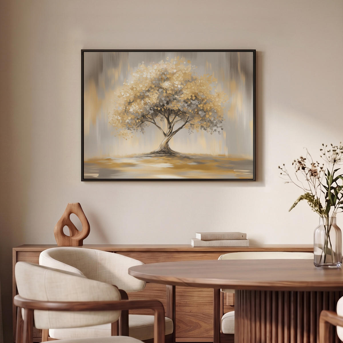 LEINWAND Bilder mit Rahmen - Gemälde - Baum - Abstrakt - Blätter - 70x50 - Beige, Textil (70/50cm) - MuchoWow
