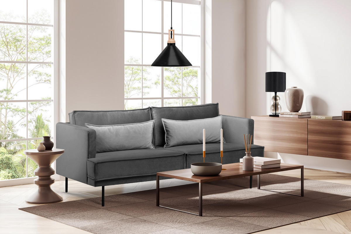 3-SITZER-SOFA GANZO 2 Kissen inklusive, Velours-Stoff, dunkelgrau - Dunkelgrau/Schwarz, Textil/Metall (193/84/92cm) - KONSIMO®