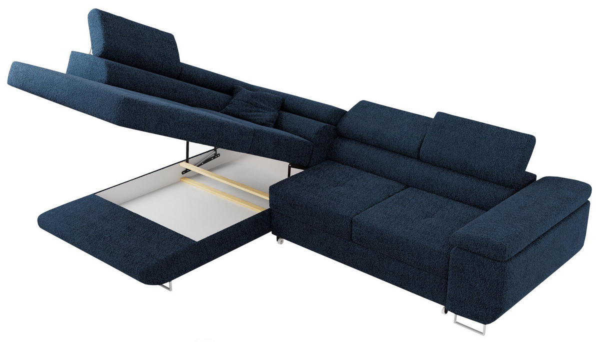 ROHOVÁ SEDAČKA GUSTAW L - Tmavě modrá Bouclé - Levá Strana - stříbrná/tmavě modrá, kov/textil (275/205cm) - MKS