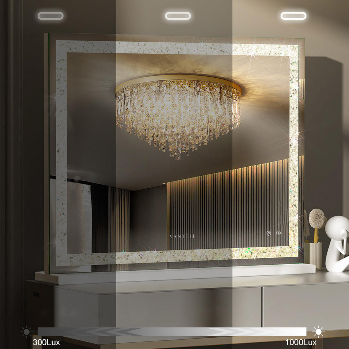 SCHMINKSPIEGEL mit LED Lichtleiste mit Diamant-Effekt und Bluetooth weiß 100/80 cm - Weiß, Metall (108/92/15cm) - VANITII