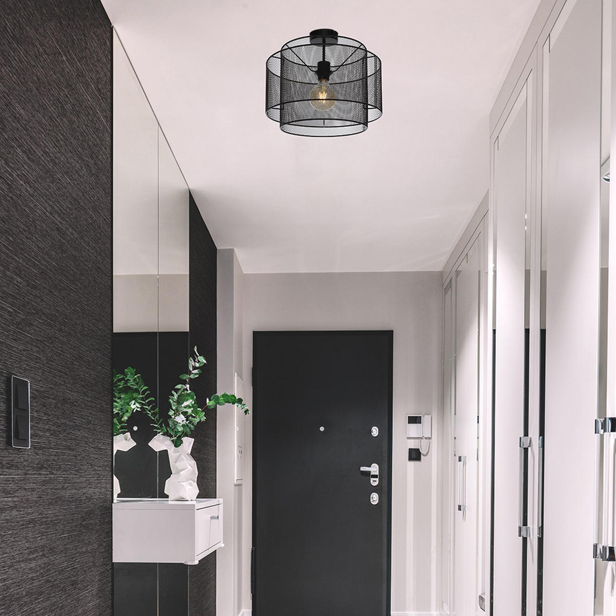 DECKENLEUCHTE Metall Schwarz rund Gitteroptik - Schwarz, Metall (40/40/35cm)