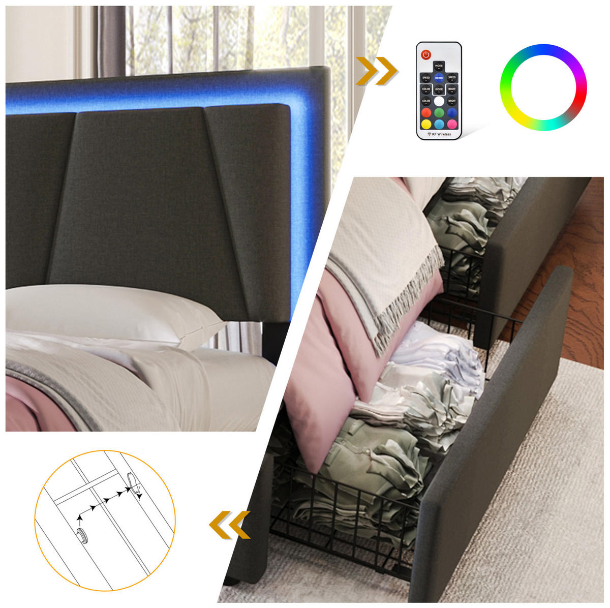 POLSTERBETT 140/200 cm Grau aus Holz mit LED-Beleuchtung - Grau, Holz (140/200cm) - OKMYHOME