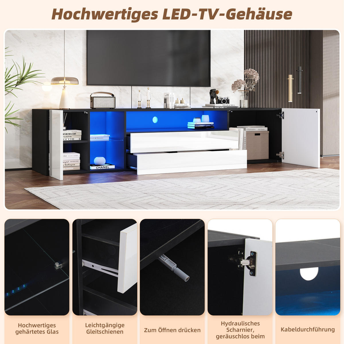 TV-LOWBOARD Spleiß Schwarz-Weiß 180/40/45 cm - Weiß, Holzwerkstoff (180/45/40cm) - PANGIVO